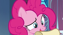 Size: 1920x1080 | Tagged: safe, screencap, pinkie pie, earth pony, pony, between dark and dawn, g4, canterlot castle, curtains, cute, female, looking down, mare, open mouth, raised eyebrow, scroll, solo