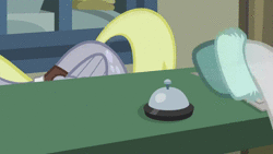 Size: 1920x1080 | Tagged: safe, edit, edited screencap, screencap, berry punch, berryshine, derpy hooves, rarity, pegasus, pony, unicorn, best gift ever, g4, animated, bell, female, post office, shitposting, sound, troll, trolling, webm, youtube poop