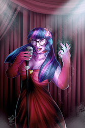 Size: 2000x3000 | Tagged: safe, artist:thegoodowl, sci-twi, twilight sparkle, unicorn, equestria girls, g4, breasts, busty twilight sparkle, clothes, dress, evening gloves, female, glasses, gloves, high res, long gloves, lounge, lounge singer, solo