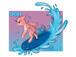 Size: 800x600 | Tagged: safe, pony, advertisement, any gender, any species, auction, commission, full body, simple background, sketch, solo, surfboard, surfing, water, your character here