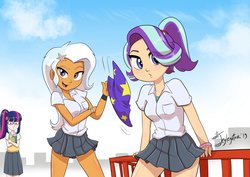 Size: 3508x2480 | Tagged: safe, artist:jeglegator, sci-twi, starlight glimmer, trixie, twilight sparkle, human, equestria girls, g4, clothes, female, glasses, hat, high res, humanized, indonesia, miniskirt, pleated skirt, ponytail, school uniform, skirt, trixie's hat