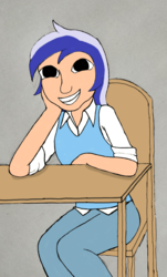 Size: 1676x2780 | Tagged: safe, artist:jesterofdestiny, derpibooru exclusive, minuette, human, g4, chair, clothes, digitally colored, female, humanized, looking at you, shirt, simple background, smiling, solo, sweater vest, table, traditional art