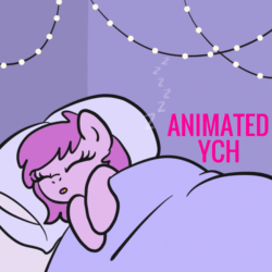Size: 849x849 | Tagged: safe, artist:lannielona, pony, advertisement, animated, bed, bedroom, commission, fairy lights, gif, lights, onomatopoeia, pillow, sleeping, snoring, solo, sound effects, your character here, zzz