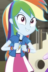 Size: 552x816 | Tagged: safe, screencap, rainbow dash, sci-twi, twilight sparkle, equestria girls, equestria girls specials, g4, my little pony equestria girls: movie magic, clothes, collar, collar shirt, compression shorts, cropped, cute, dashabetes, excited, female, geode of super speed, hair, happy, jacket, magical geodes, offscreen character, rainbow dash's shirt with a collar, shirt, shirt with a collar, shorts, skirt, smiling, solo focus, t-shirt, teenager, wristband
