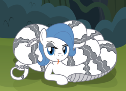 Size: 2200x1592 | Tagged: safe, artist:badumsquish, derpibooru exclusive, oc, oc only, oc:theme, lamia, monster pony, original species, derpibooru, bedroom eyes, coils, derpibooru ponified, derpibooru theme illusion, dreamworks face, female, forest, illusion, lamiafied, looking at you, meta, mlem, on side, ponified, reclining, silly, slit pupils, solo, species swap, tongue flick, tongue out