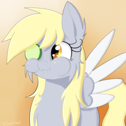 Size: 1500x1500 | Tagged: safe, artist:fajnyziomal, derpy hooves, pegasus, pony, g4, cheek bulge, cheek fluff, chest fluff, cucumber, cute, derpabetes, ear fluff, female, fluffy, food, gradient background, herbivore, mare, silly, solo, spread wings, two toned wings, wings