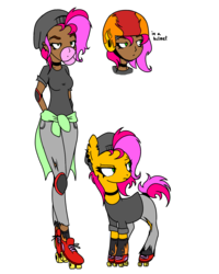 Size: 2000x2500 | Tagged: safe, artist:bonpikabon, artist:icicle-niceicle-1517, color edit, edit, oc, oc only, oc:rock'n rolla, earth pony, human, pony, bubblegum, choker, clothes, collaboration, colored, dark skin, ear piercing, earring, elbow pads, eyebrow piercing, female, food, gum, helmet, high res, humanized, humanized oc, jeans, jewelry, knee pads, lip piercing, makeup, mare, pants, piercing, roller skates, self paradox, self ponidox, shirt, shoes, simple background, socks, solo, t-shirt, tail wrap, torn clothes, transparent background
