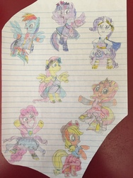 Size: 3264x2448 | Tagged: safe, artist:dupontsimon, applejack, fluttershy, pinkie pie, rainbow dash, rarity, sunset shimmer, twilight sparkle, alicorn, pony, fanfic:magic show of friendship, equestria girls, g4, my little pony equestria girls: better together, high res, lined paper, mane six, photo, super ponied up, traditional art, twilight sparkle (alicorn)