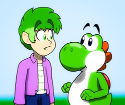 Size: 1425x1204 | Tagged: safe, artist:cailauniverse, spike, dinosaur, human, yoshi, g4, clothes, crossover, human spike, humanized, looking at each other, nintendo, super mario bros.