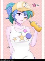 Size: 748x1000 | Tagged: safe, alternate version, artist:clouddg, summer solstice (g4), equestria girls, equestria girls series, five lines you need to stand in, g4, spoiler:eqg series (season 2), alternate hairstyle, baseball cap, breasts, busty summer solstice, cap, cute, eyebrows, eyebrows visible through hair, female, food, food on face, hat, looking at you, multiple variants, mustard, not celestia, one eye closed, sauce, signature, solo, wink