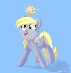 Size: 2686x2780 | Tagged: safe, artist:pucksterv, derpy hooves, pegasus, pony, g4, atg 2019, blue background, cute, derpabetes, female, food, high res, mare, muffin, newbie artist training grounds, open mouth, simple background, solo