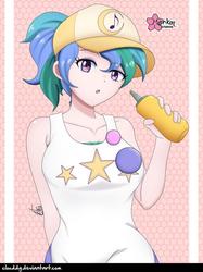 Size: 748x1000 | Tagged: safe, alternate version, artist:clouddg, summer solstice (g4), human, equestria girls, equestria girls series, five lines you need to stand in, g4, spoiler:eqg series (season 2), alternate hairstyle, baseball cap, breasts, busty summer solstice, cap, cute, eyebrows, eyebrows visible through hair, female, food, hat, human coloration, looking at you, multiple variants, mustard, not celestia, sauce, signature, solo