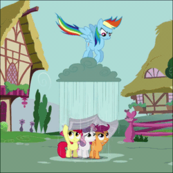 Size: 640x640 | Tagged: safe, screencap, apple bloom, rainbow dash, scootaloo, sweetie belle, earth pony, pegasus, pony, unicorn, g4, ponyville confidential, season 2, angry, animated, cloud, cutie mark crusaders, female, filly, foal free press, gif, jumping, mare, newspaper, rain, rainbow douche, raincloud
