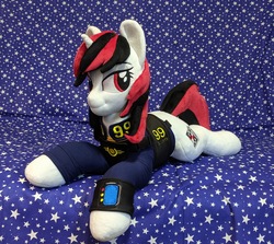 Size: 2271x2024 | Tagged: safe, artist:burgunzik, oc, oc:blackjack, pony, unicorn, fallout equestria, fallout equestria: project horizons, clothes, fanfic, female, high res, hooves, horn, irl, jumpsuit, mare, photo, pipbuck, plushie, security armor, solo, vault security armor, vault suit