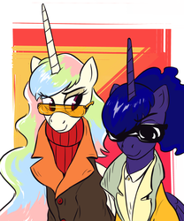 Size: 3000x3600 | Tagged: safe, artist:mazzianz, princess celestia, princess luna, alicorn, pony, g4, abstract background, alternate hairstyle, clothes, duo, female, high res, jacket, mare, royal sisters, sunglasses, sweater, turtleneck