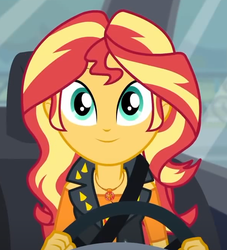 Size: 598x660 | Tagged: safe, screencap, sunset shimmer, driving miss shimmer, equestria girls, equestria girls series, g4, cropped, cute, driving miss shimmer: fluttershy, female, geode of empathy, magical geodes, seatbelt, shimmerbetes, solo, steering wheel