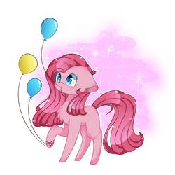 Size: 1500x1500 | Tagged: safe, artist:rainbowmoon2512, pinkie pie, pony, g4, abstract background, balloon, chest fluff, colored pupils, cute, cuteamena, diapinkes, female, floppy ears, mouth hold, pinkamena diane pie, solo