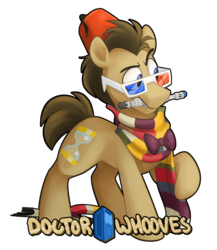 Size: 1280x1473 | Tagged: safe, artist:luximus17, doctor whooves, time turner, earth pony, pony, g4, 3d glasses, bowtie, clothes, crossover, cute, doctor who, doctorbetes, fez, hat, male, mouth hold, scarf, simple background, solo, sonic screwdriver, stallion, tardis, the doctor, transparent background
