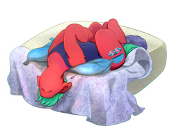 Size: 1645x1257 | Tagged: safe, artist:raranfa, oc, oc only, oc:windsweeper, earth pony, pony, bed, clothes, face down, female, lying down, mare, on back, one-piece swimsuit, pillow, solo, swimsuit