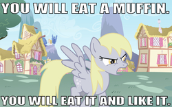 Size: 640x399 | Tagged: safe, edit, edited screencap, editor:undeadponysoldier, screencap, derpy hooves, pegasus, pony, epic rage time, g4, angry, caption, cunningham muffins, demanding, female, house, image macro, mare, open mouth, ponyville, reference, solo, spread wings, talking to viewer, text, wings
