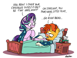 Size: 2401x1801 | Tagged: safe, artist:bobthedalek, starlight glimmer, sunburst, pony, unicorn, g4, atg 2019, bags under eyes, bed, clothes, dialogue, glasses, medicine, messy mane, newbie artist training grounds, pajamas, red nosed, robe, sick, starlight wearing sunburst's robe, sunburst's cloak, sunburst's glasses, tempting fate, this will end in pain, this will end in tears, this will not end well, tissue box