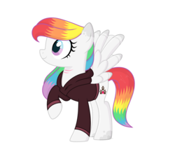 Size: 3400x2992 | Tagged: safe, artist:mint-light, artist:rainbowpawsarts, oc, oc only, oc:rainbow paws, pegasus, pony, alternate universe, base used, clothes, female, high res, hoodie, rainbow hair, raised hoof, scar, simple background, solo, transparent background