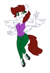Size: 1988x2874 | Tagged: safe, artist:scarlet-spectrum, oc, oc only, oc:graph travel, pegasus, anthro, anthro oc, armpits, clothes, female, freckles, looking at you, pants, peace sign, shoes, simple background, solo, spread wings, transparent background, vest, wings