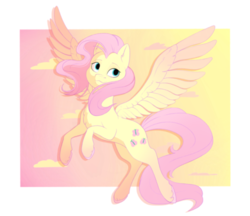 Size: 500x432 | Tagged: safe, artist:airborneice, fluttershy, pegasus, pony, g4, chest fluff, cloud, colored hooves, cute, ear fluff, female, mare, no catchlights, shyabetes, solo, spread wings, unshorn fetlocks, wings