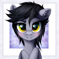 Size: 1300x1300 | Tagged: dead source, safe, artist:vird-gi, oc, oc only, oc:nightshade (pegasus), pegasus, pony, blushing, ear piercing, earring, heart eyes, hooves to the chest, jewelry, looking at you, piercing, solo, wingding eyes