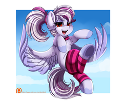 Size: 3215x2540 | Tagged: safe, artist:pridark, oc, oc only, oc:windbreaker, pegasus, pony, choker, cloud, female, flying, high res, leg warmers, looking at you, mare, open mouth, patreon, patreon logo, patreon reward, ponytail, red eyes, solo