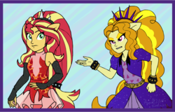 Size: 800x512 | Tagged: safe, artist:mintydreams7, adagio dazzle, sunset shimmer, equestria girls, g4, blue background, clothes, dress, ponied up, simple background, super ponied up, teeth, wavy mouth