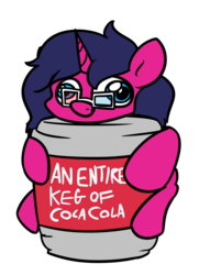 Size: 958x1321 | Tagged: safe, artist:moonatik, oc, oc only, oc:fizzy pop, pony, unicorn, 3d glasses, coca-cola, cute, female, gift art, keg, mare, simple background, solo, transparent background