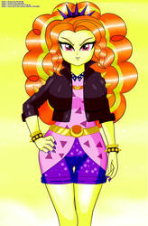 Size: 656x1000 | Tagged: safe, artist:chuyryu, adagio dazzle, equestria girls, equestria girls series, find the magic, g4, sunset's backstage pass!, spoiler:eqg series (season 2), bracelet, clothes, headband, jacket, jewelry, leather jacket, looking at you, nail polish, shorts, simple background, spiked headband, spiked wristband, wristband, yellow background