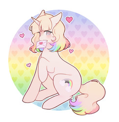 Size: 1060x1089 | Tagged: safe, artist:serafelis, oc, oc only, pony, unicorn, abstract background, female, heart, heart eyes, letter, mare, mouth hold, solo, wingding eyes