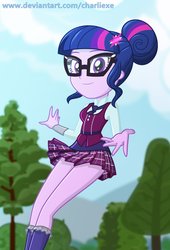 Size: 704x1034 | Tagged: safe, artist:charliexe, sci-twi, twilight sparkle, equestria girls, g4, my little pony equestria girls: friendship games, clothes, crystal prep academy uniform, female, glasses, legs, looking at you, plaid skirt, school uniform, skirt, smiling, smiling at you, socks, solo