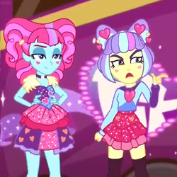 Size: 768x768 | Tagged: safe, screencap, kiwi lollipop, supernova zap, equestria girls, equestria girls specials, g4, my little pony equestria girls: better together, my little pony equestria girls: sunset's backstage pass, angry, discovery family logo, pointing, postcrush, smiling, smirk, tour bus