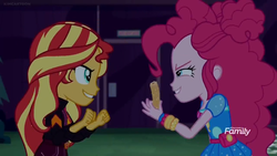 Size: 1366x768 | Tagged: safe, screencap, pinkie pie, sunset shimmer, equestria girls, equestria girls series, g4, sunset's backstage pass!, spoiler:eqg series (season 2), churros, clenched fist, discovery family logo, door, evil grin, grin, night, sinister, smiling