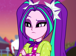 Size: 1476x1080 | Tagged: safe, screencap, aria blaze, max steele, equestria girls, equestria girls series, g4, sunset's backstage pass!, spoiler:eqg series (season 2), ascot, background human, cropped, crossed arms, female, male, pigtails, raised eyebrow, security guard, solo, twintails, unimpressed