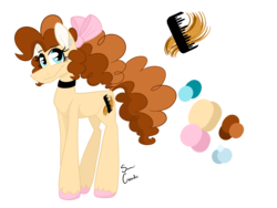 Size: 2048x1536 | Tagged: safe, artist:summer-cascades, oc, oc only, oc:caramel, earth pony, pony, bow, collar, digital art, ear piercing, female, mare, next generation, nextgen:summerverse, offspring, parent:cheese sandwich, parent:pinkie pie, parents:cheesepie, piercing, reference sheet, simple background, solo, transparent background