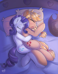 Size: 1500x1920 | Tagged: safe, artist:tikrs007, applejack, rarity, earth pony, pony, unicorn, g4, applejack's hat, bed, cowboy hat, cuddling, cute, duo, duo female, eyebrows, eyebrows visible through hair, eyes closed, female, freckles, hat, horn, lesbian, lying down, lying on bed, mare, on bed, on side, open mouth, pillow, ship:rarijack, shipping, sleeping, spooning