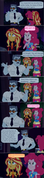 Size: 1362x5388 | Tagged: safe, edit, edited screencap, screencap, max steele, pinkie pie, sunset shimmer, equestria girls, equestria girls specials, g4, my little pony equestria girls: better together, my little pony equestria girls: sunset's backstage pass, churros, comic, dialogue, discovery family logo, happy, necktie, night, screencap comic, security guard, speech bubble, sunglasses