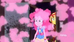 Size: 1366x768 | Tagged: safe, screencap, pinkie pie, sunset shimmer, equestria girls, equestria girls series, g4, sunset's backstage pass!, spoiler:eqg series (season 2), breaking and entering, discovery family logo, explosion, light switch, pink smoke, smoke