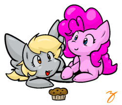 Size: 686x586 | Tagged: safe, artist:zutcha, derpy hooves, pinkie pie, earth pony, pegasus, pony, g4, duo, female, food, mare, muffin, simple background, transparent background