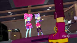 Size: 1366x768 | Tagged: safe, screencap, kiwi lollipop, sunset shimmer, supernova zap, equestria girls, equestria girls series, g4, sunset's backstage pass!, spoiler:eqg series (season 2), boot, cabinet, cymbals, discovery family logo, k-lo, keyboard, legs, music player, musical instrument, pictures of legs, pointing, postcrush, su-z