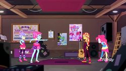 Size: 1366x768 | Tagged: safe, screencap, kiwi lollipop, pinkie pie, sunset shimmer, supernova zap, equestria girls, equestria girls series, g4, sunset's backstage pass!, spoiler:eqg series (season 2), backstage, carpet, clipboard, clothes, discovery family logo, guitar, k-lo, ladder, musical instrument, pointing, postcrush, poster, schedule, shoes, sneakers, speaker, stockings, su-z, thigh highs