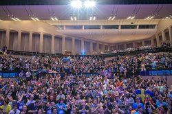 Size: 1300x864 | Tagged: safe, daybreaker, pinkie pie, rainbow dash, rarity, starlight glimmer, pony, galacon, galacon 2019, g4, audience, clapping, closing ceremony, crowd, female, germany, irl, male, photo, plushie, standing ovations
