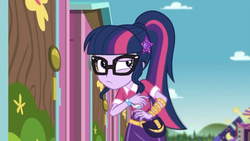 Size: 1280x720 | Tagged: safe, screencap, sci-twi, twilight sparkle, equestria girls, g4, my little pony equestria girls: choose your own ending, the road less scheduled, the road less scheduled: fluttershy, clothes, female, geode of telekinesis, glasses, magical geodes, ponytail, skirt