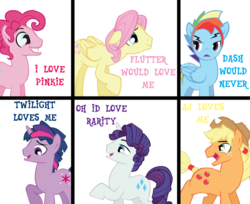Size: 947x774 | Tagged: safe, artist:trotsworth, applejack, fluttershy, pinkie pie, rainbow dash, rarity, twilight sparkle, g4, applejack (male), bubble berry, butterscotch, dusk shine, elusive, implied selfcest, male, male six, mane six, meme, one of these things is not like the others, rainbow blitz, rule 63, shipping, simple background, smiling, text, transparent background, you're going to love me