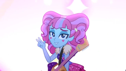 Size: 1366x768 | Tagged: safe, screencap, kiwi lollipop, equestria girls, equestria girls series, g4, sunset's backstage pass!, spoiler:eqg series (season 2), discovery family logo, female, raised finger, simple background, solo, white background