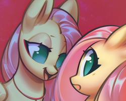 Size: 1591x1280 | Tagged: safe, artist:mirroredsea, fluttershy, pegasus, pony, g4, abstract background, duo, female, flutterbitch, lidded eyes, looking at you, mare, no pupils, self ponidox